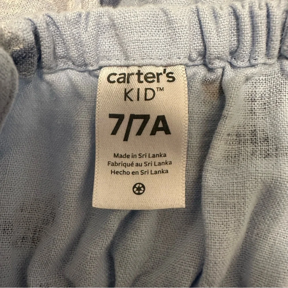 Carter's Light Blue Floral Linen Dress Girls size 7 White Flowers Cris Cross